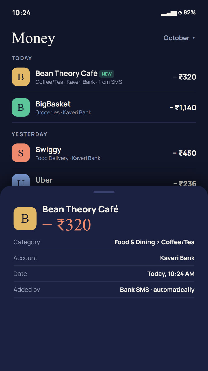 The payment in Calc-X: Food & Dining › Coffee/Tea, from the bank SMS