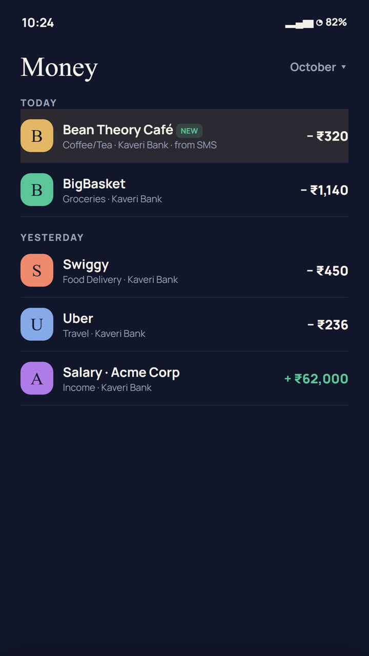 Calc-X adding a ₹320 café payment from a bank SMS